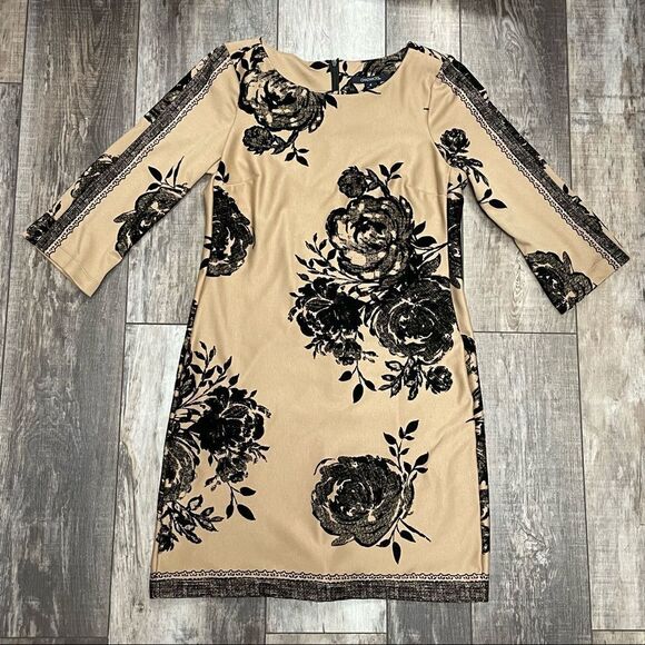 Chadwick’s 3/4 Sleeve Tan and Black Floral Dress With Raised Floral Print Size 4 - Picture 10 of 14